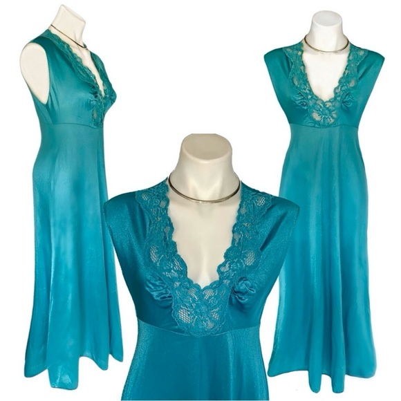 v i n t a g e :: Teal Full Sweep Lace Slip Dress Nightgown Satin Nylon ILGWU - Picture 1 of 11